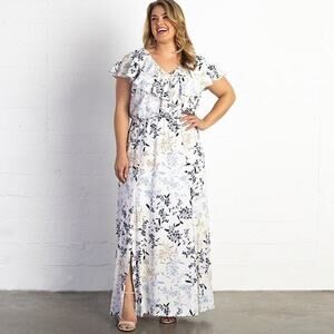 Kiyonna Dress Willow Crepe Style White Botanical 1X Maxi Slit Spring Cottagecore